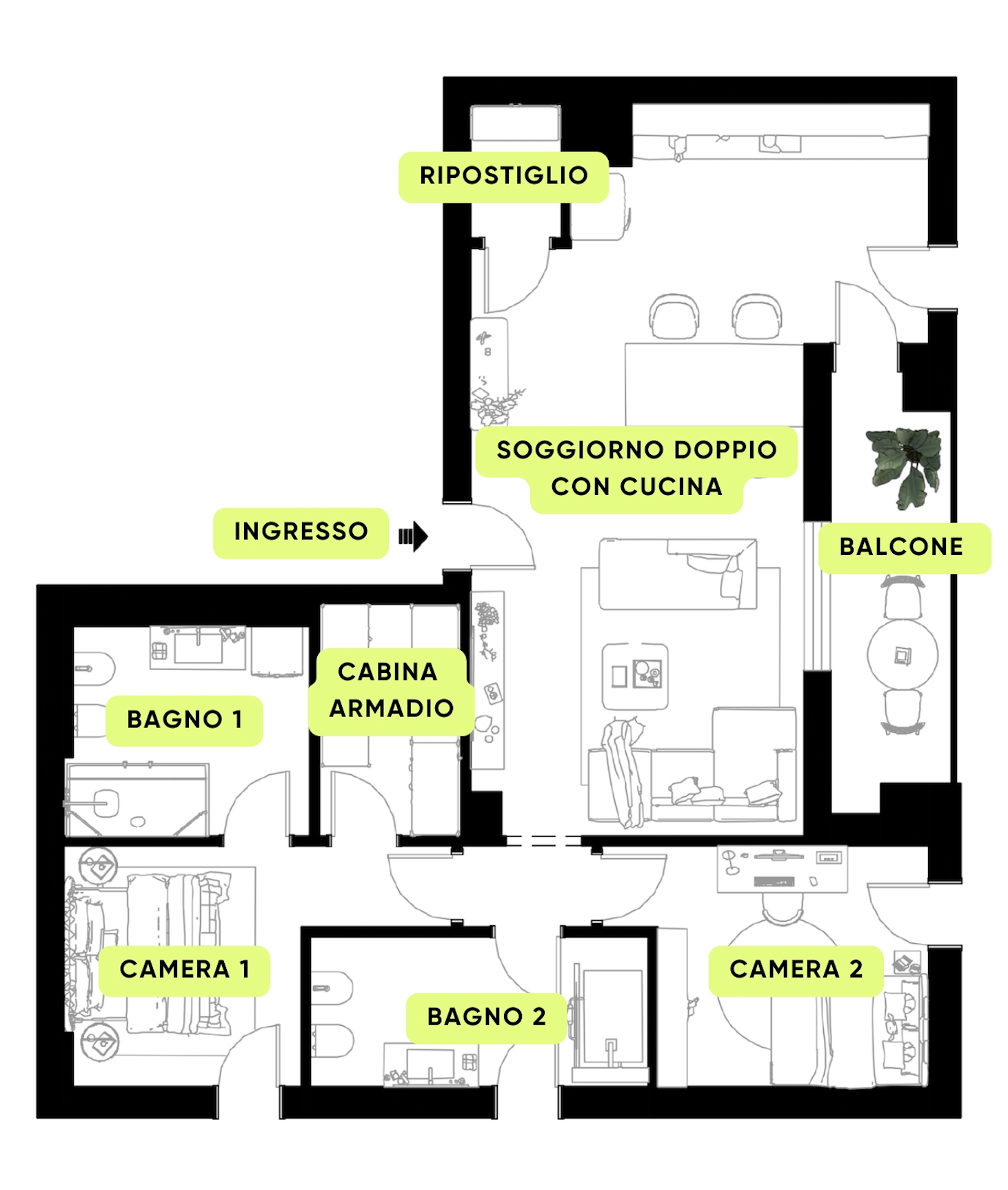 Planimetria TRE LOCALI PIANO ALTO CON BALCONE E DOPPI SERVIZI