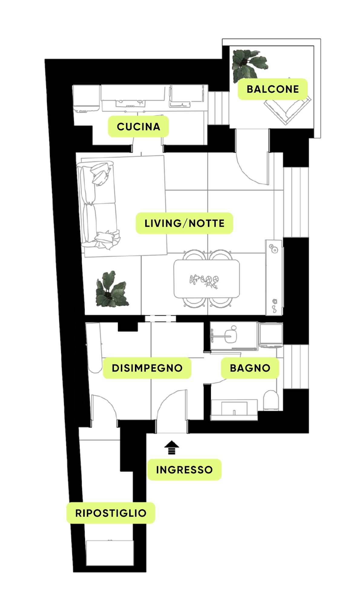 Planimetria MONOLOCALE CON BALCONE E CUCINA SEPARATA